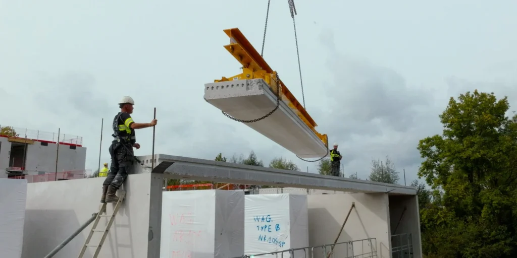 Bouwplaats prefab betonplaat hijsen drone foto bouw