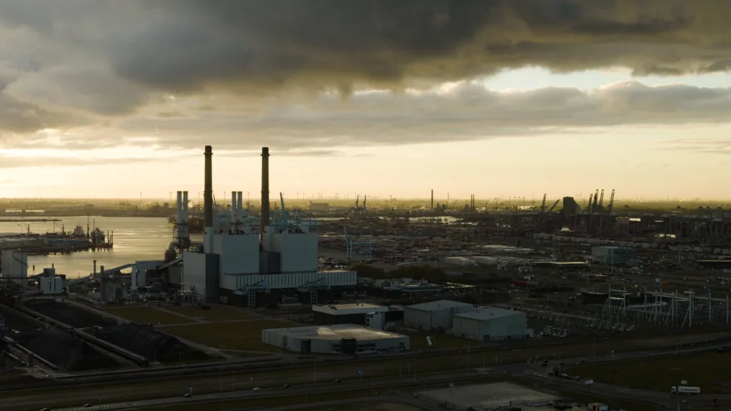 Maasvlakte energiecentrale haven rotterdam zonsondergang drone foto