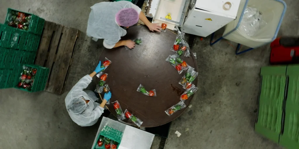 Indoor drone opname recht van boven van paprika's die worden verpakt