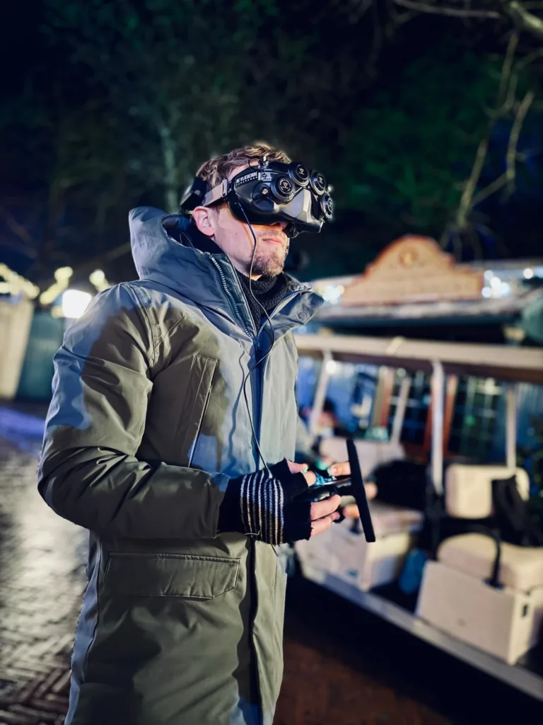 Winter efteling fpv piloot goggles de vliegende cameraman