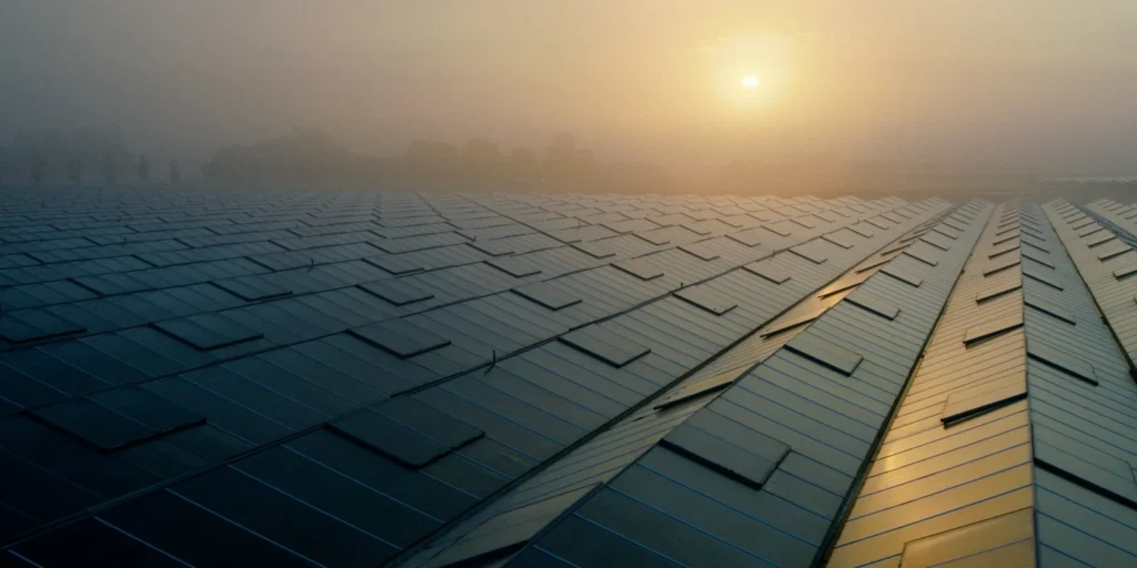Zonnepanelen zonsopkomst mist drone foto solar aerial